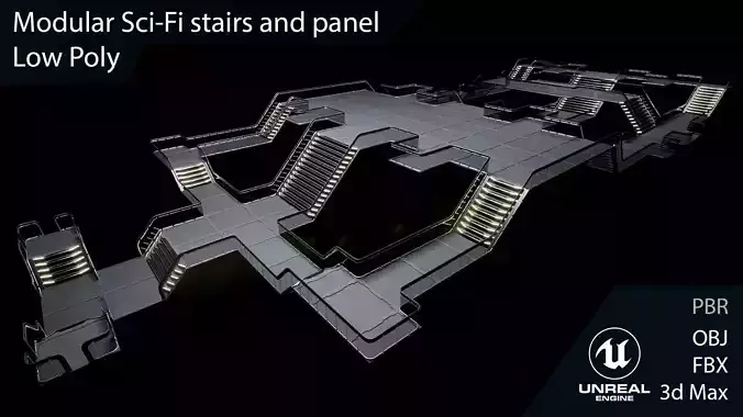 Modular Sci-Fi stairs and panel Low-poly 3D model