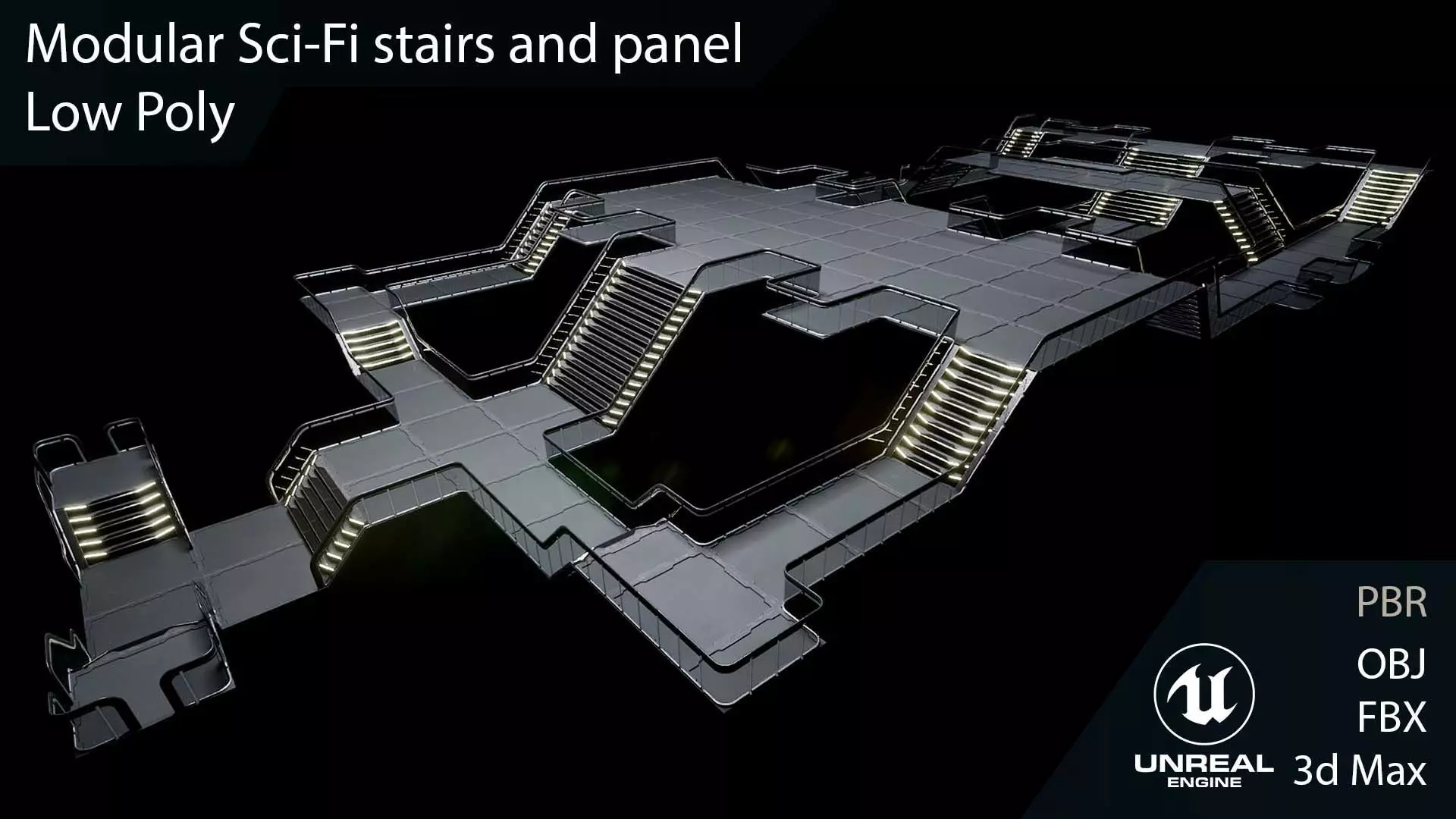 Modular Sci-Fi stairs and panel Low-poly 3D model_0