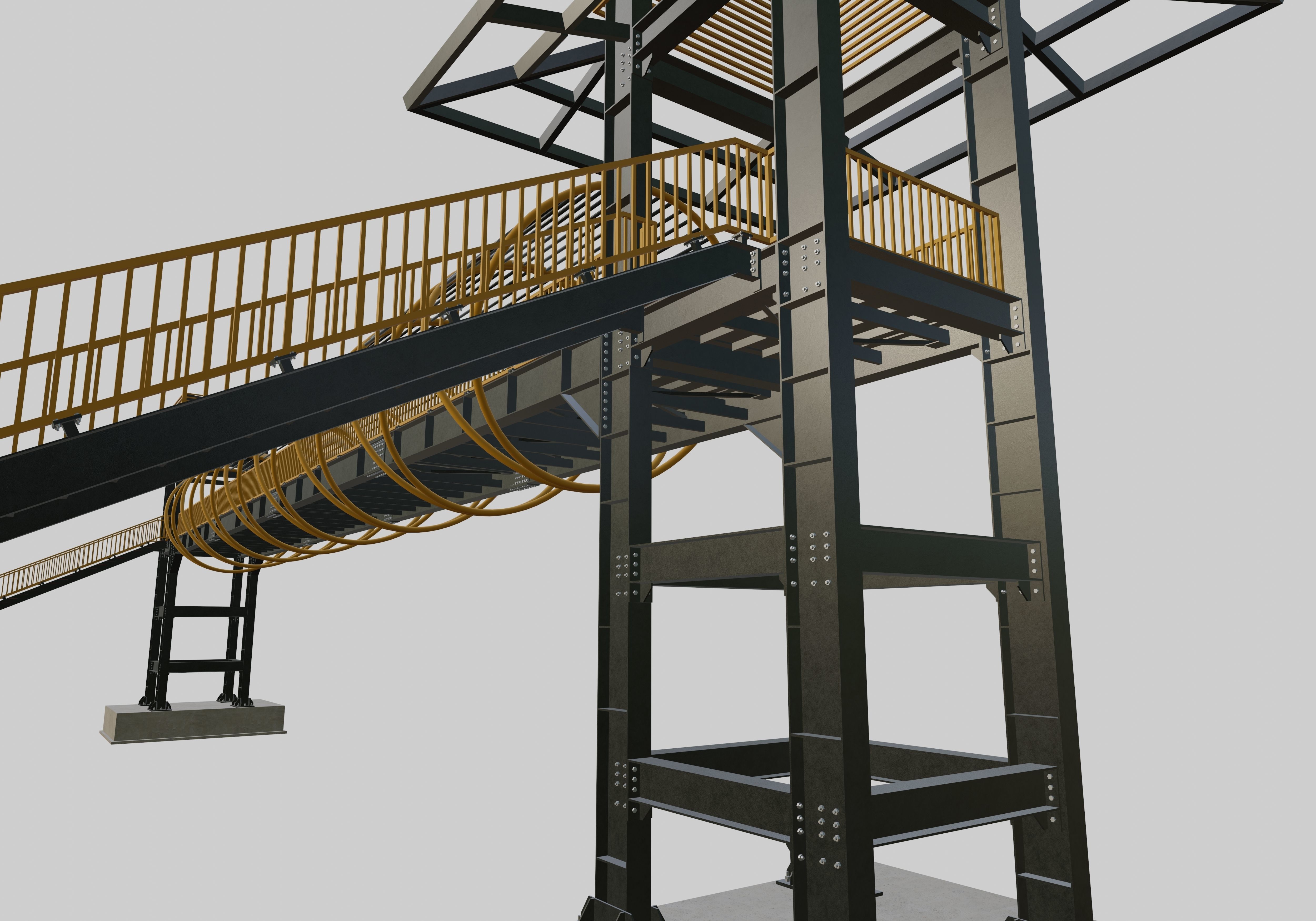 Steel Pedestrian Bridge-Straight Stair-Tower Column Type-27 3D model_3