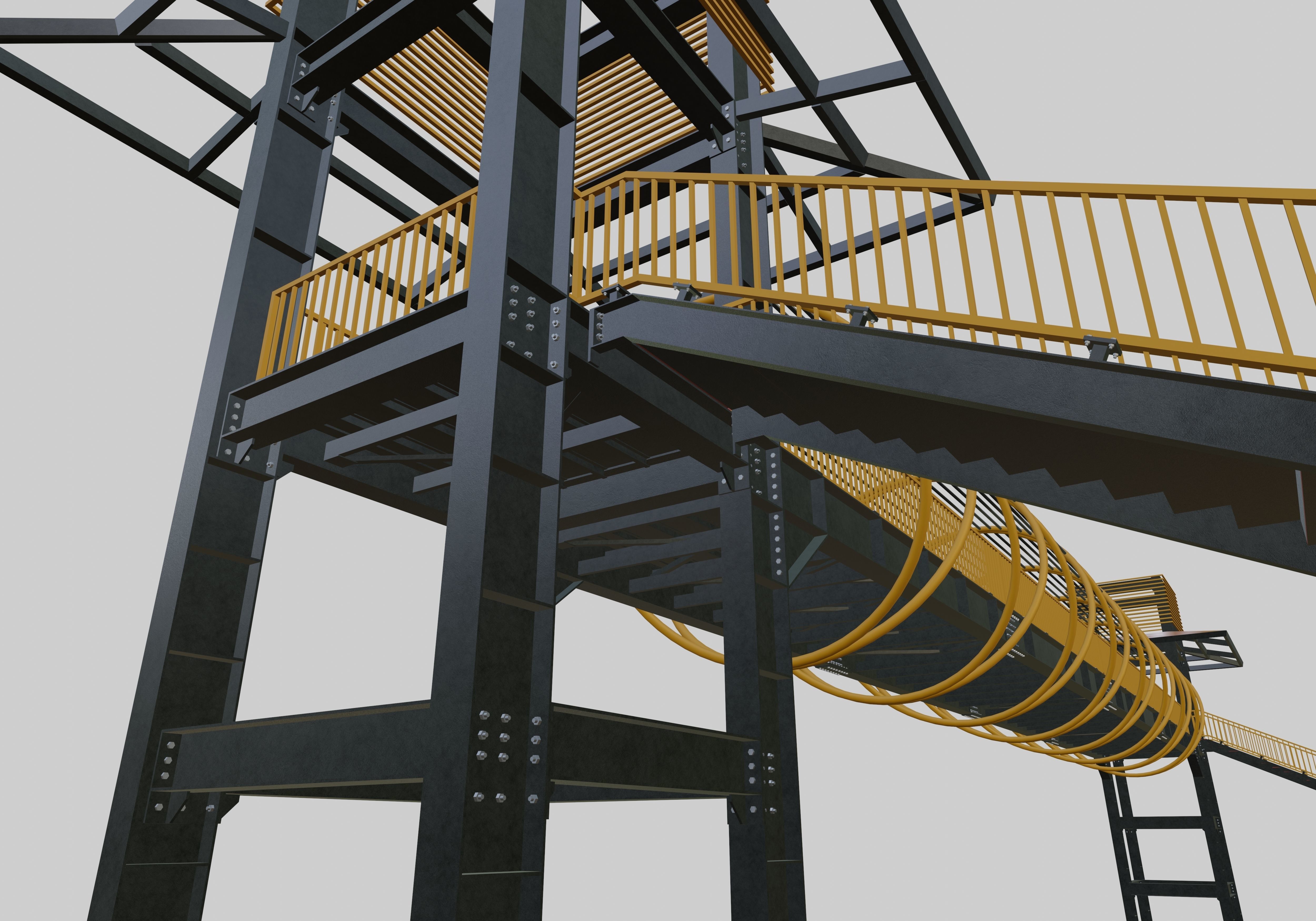 Steel Pedestrian Bridge-Straight Stair-Tower Column Type-27 3D model_13