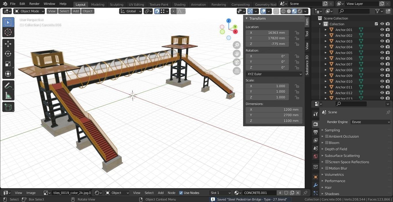 Steel Pedestrian Bridge-Straight Stair-Tower Column Type-27 3D model_35