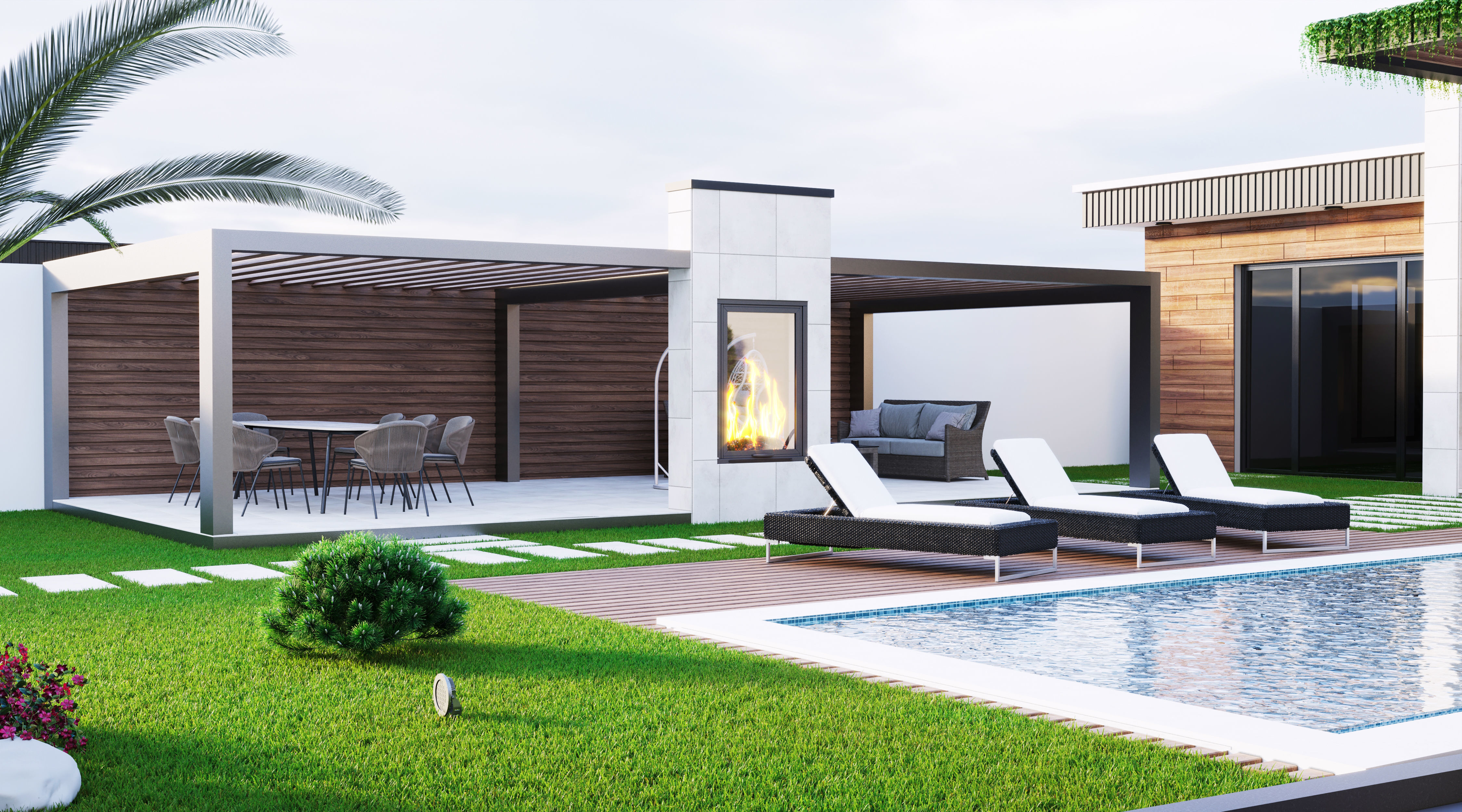 Realistic Villa modern house with pool and lawn Low-poly 3D model_1