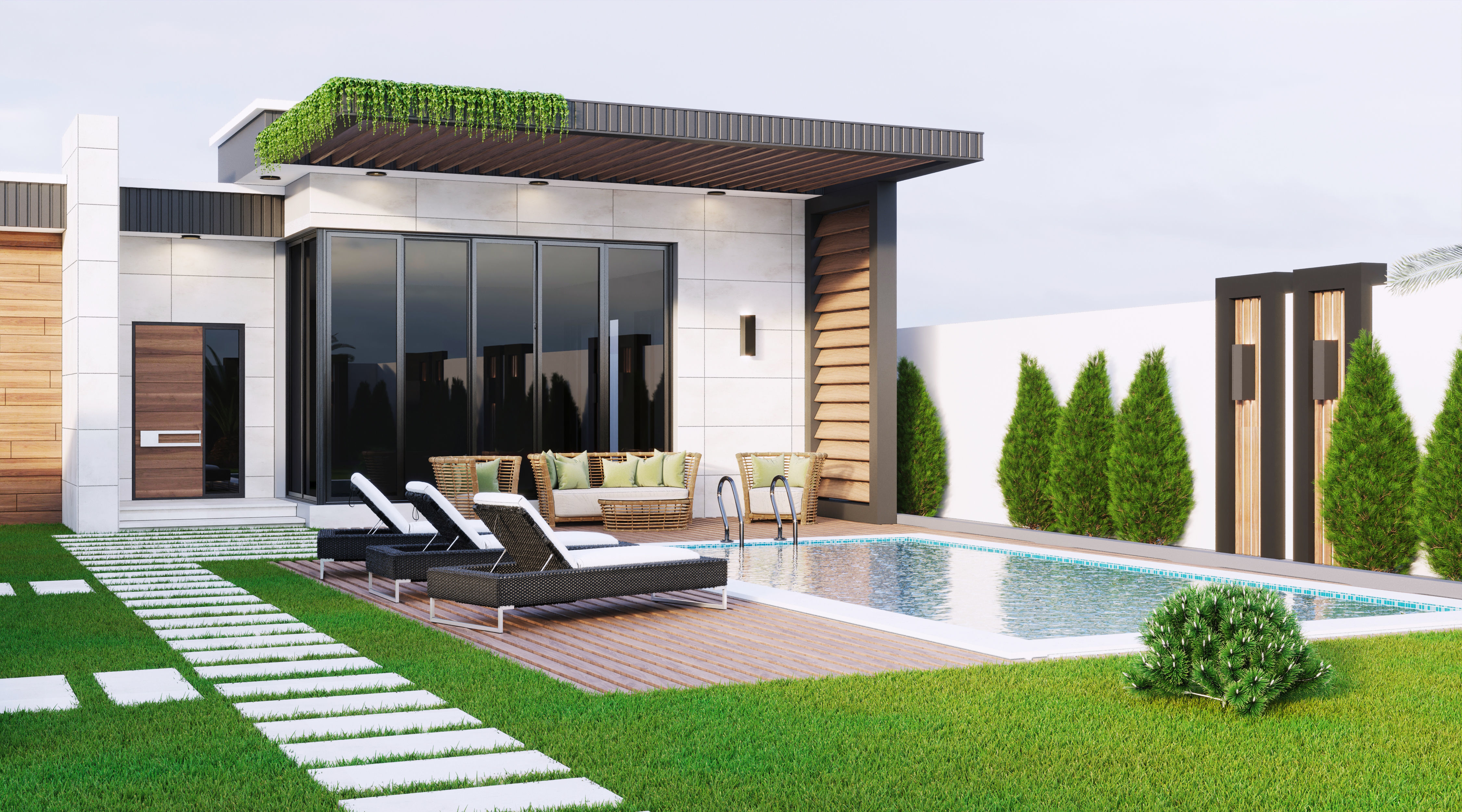 Realistic Villa modern house with pool and lawn Low-poly 3D model_2