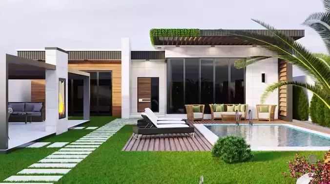 Realistic Villa modern house with pool and lawn