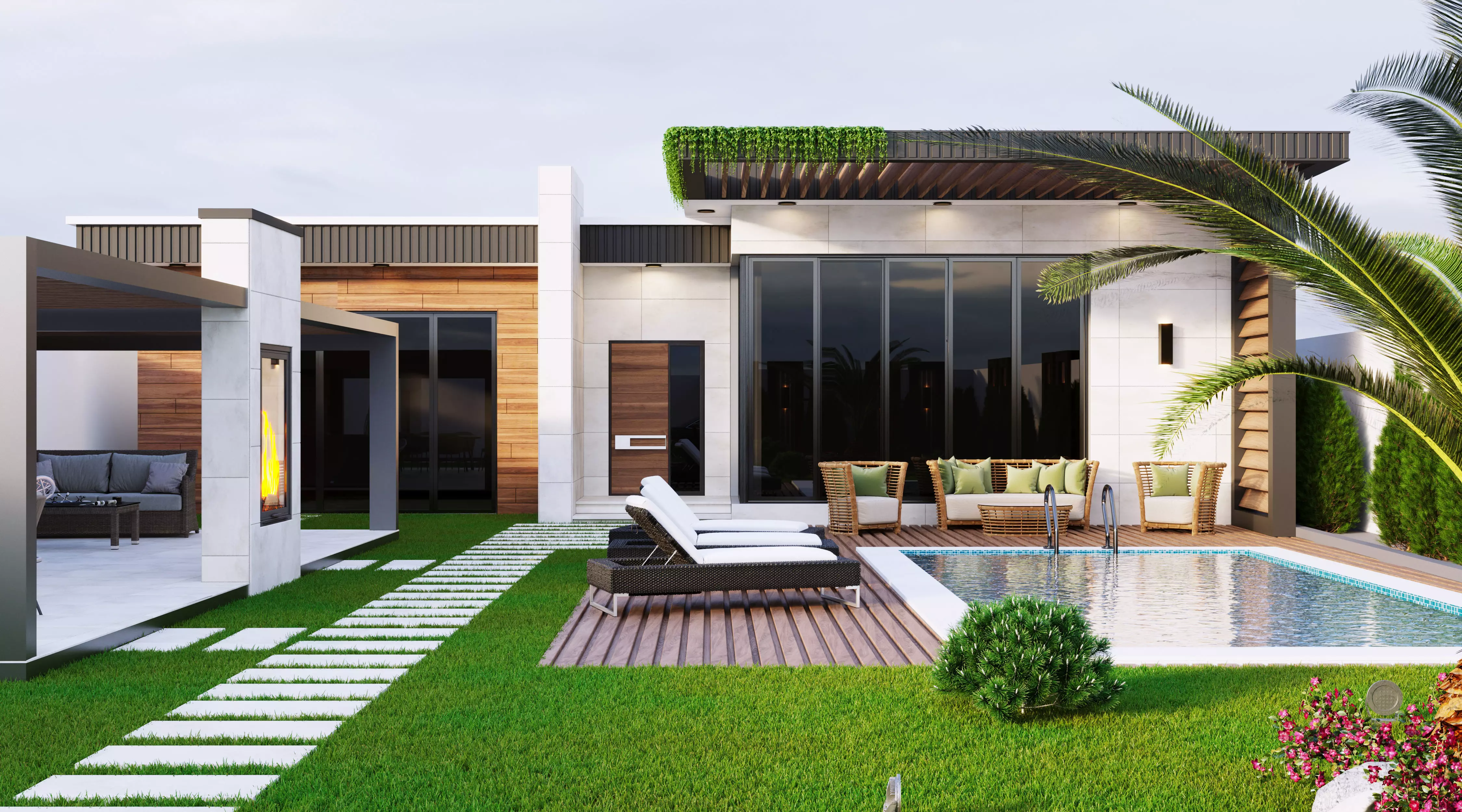 Realistic Villa modern house with pool and lawn Low-poly 3D model_0