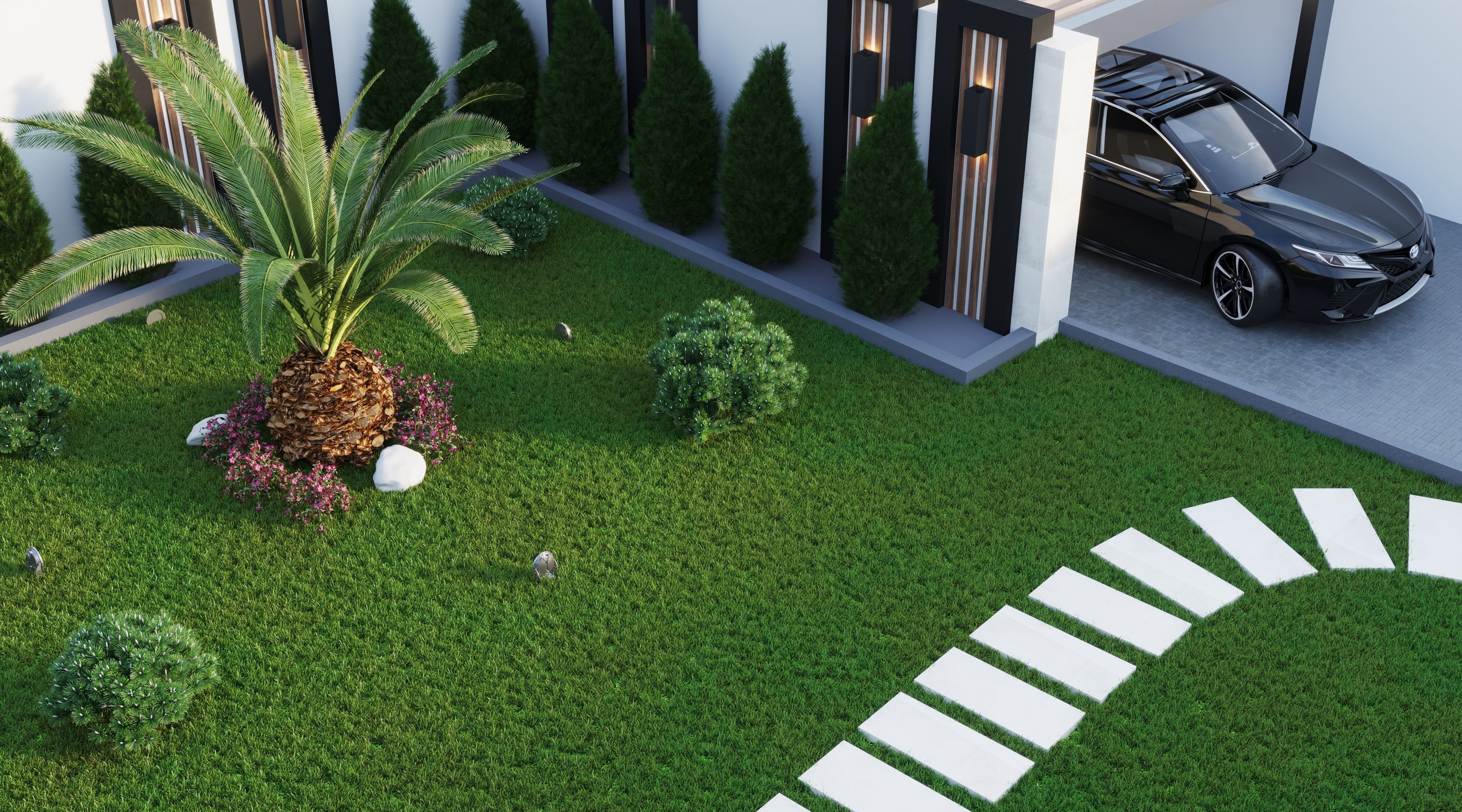 Realistic Villa modern house with pool and lawn Low-poly 3D model_4
