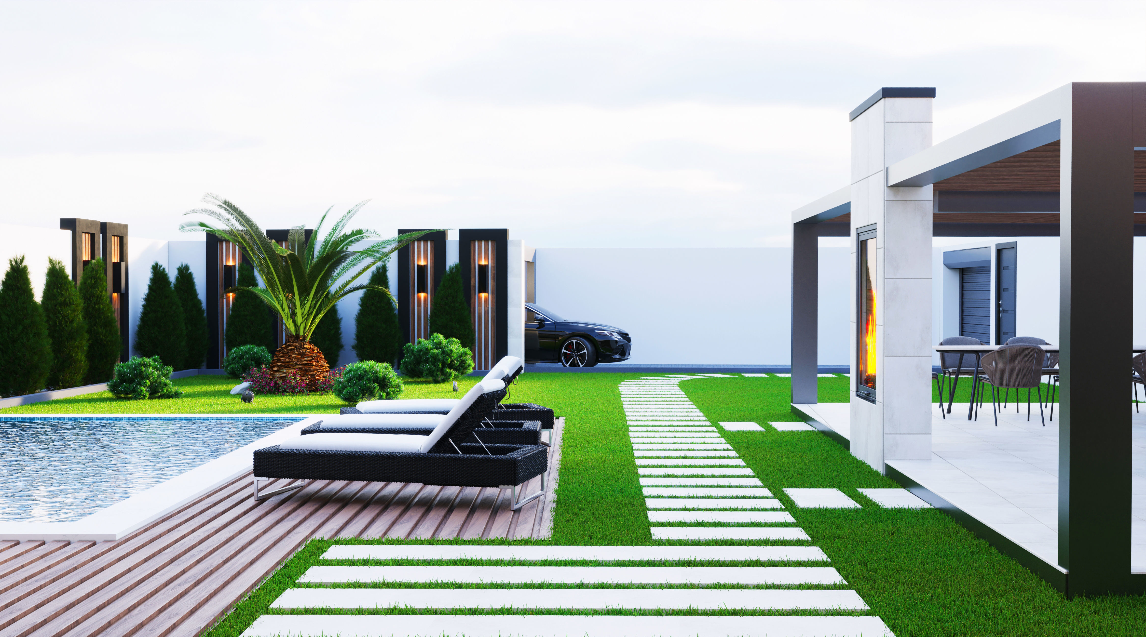 Realistic Villa modern house with pool and lawn Low-poly 3D model_3