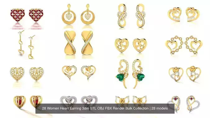28 Women Heart Earring 3dm STL OBJ FBX Render Bulk Collection 