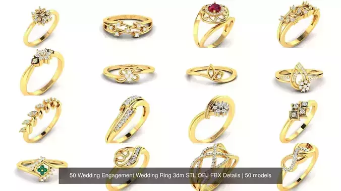 50 Wedding Engagement Wedding Ring 3dm STL OBJ FBX Details 3D Model Collection