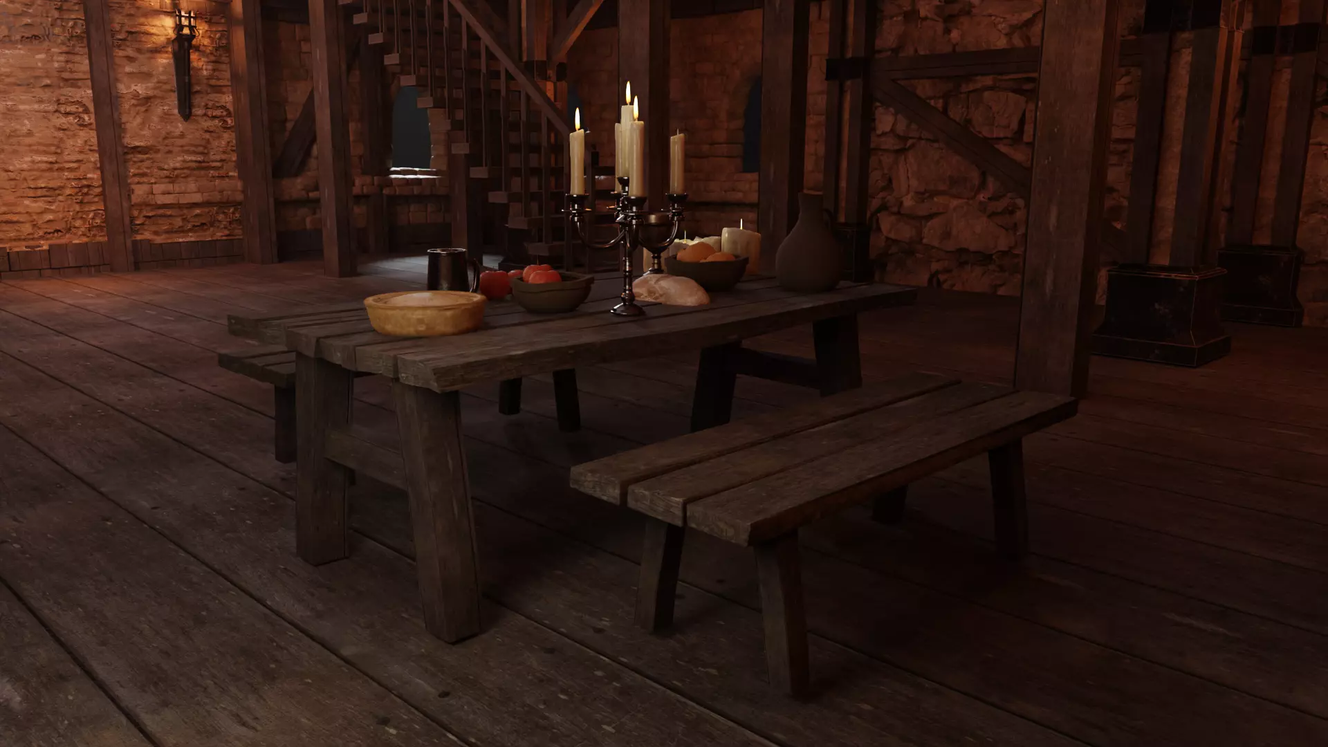 Medieval Table Set Low-poly 3D model_0