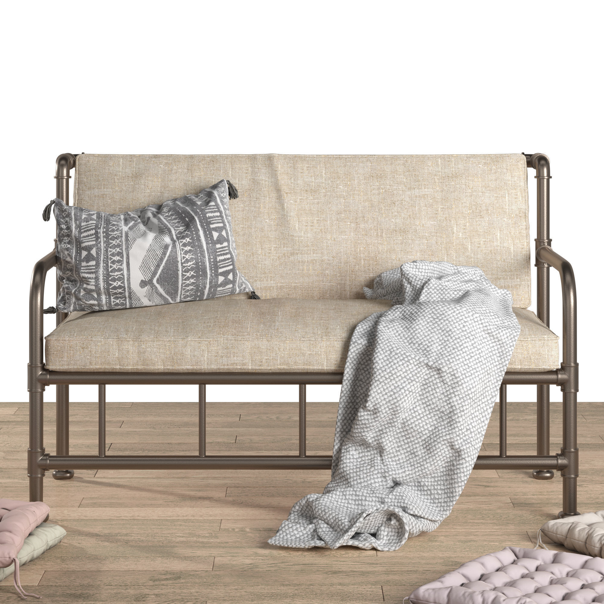 chair bench with cushions and pillows 3D model_2
