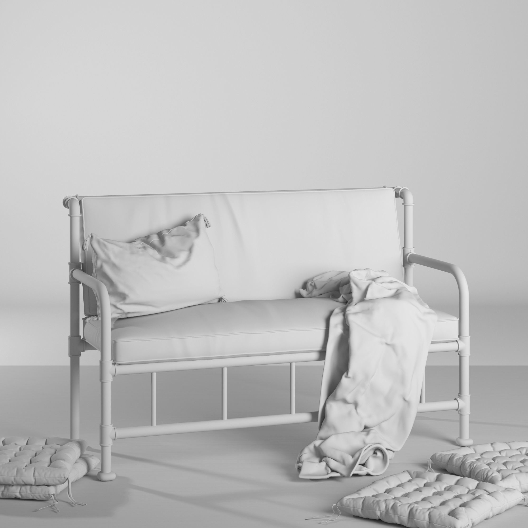 chair bench with cushions and pillows 3D model_1