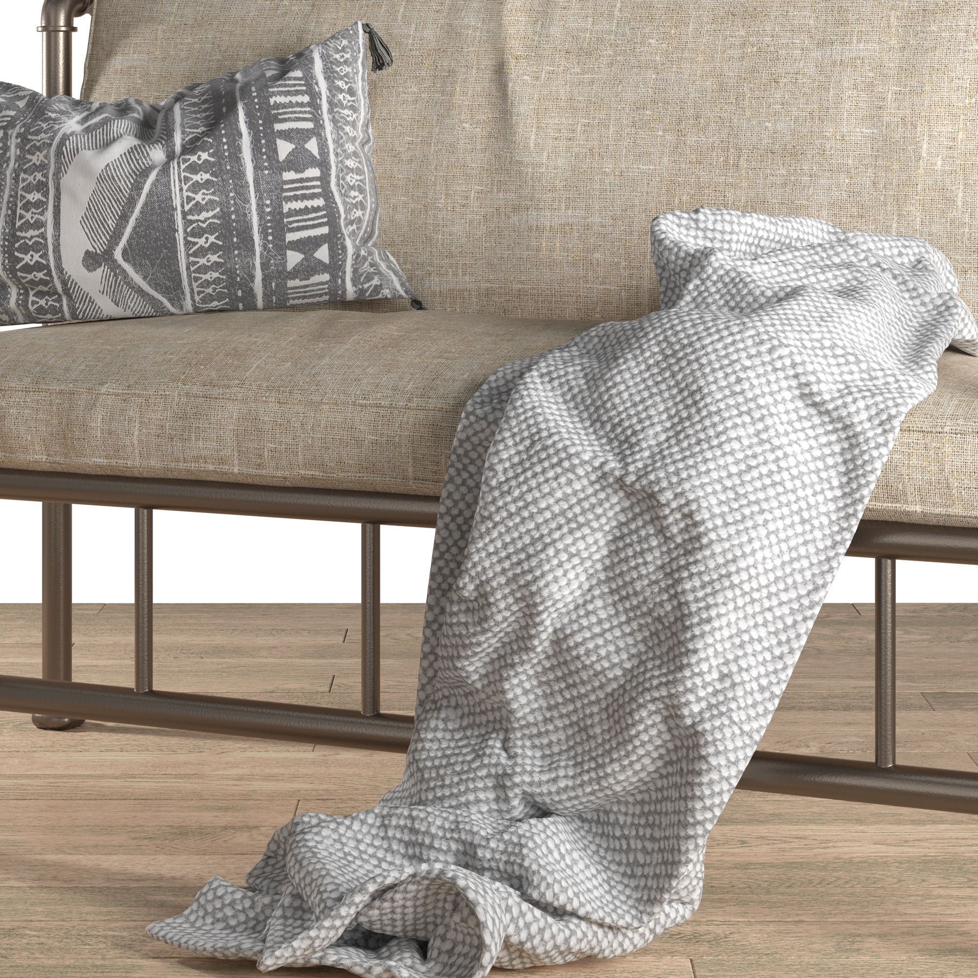 chair bench with cushions and pillows 3D model_3