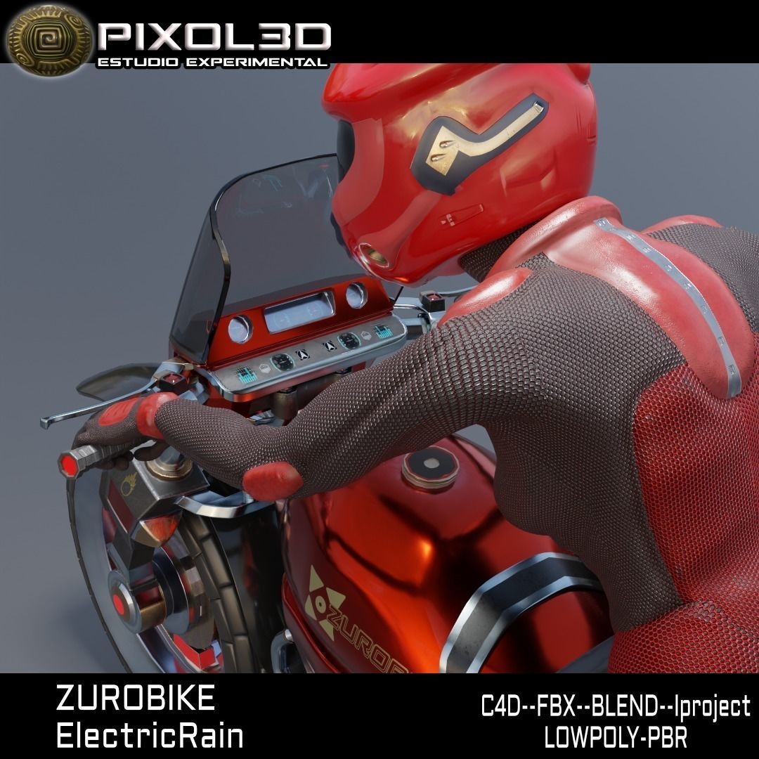 Zurobike retro electric motorcycle and Pilot Low-poly 3D model_12