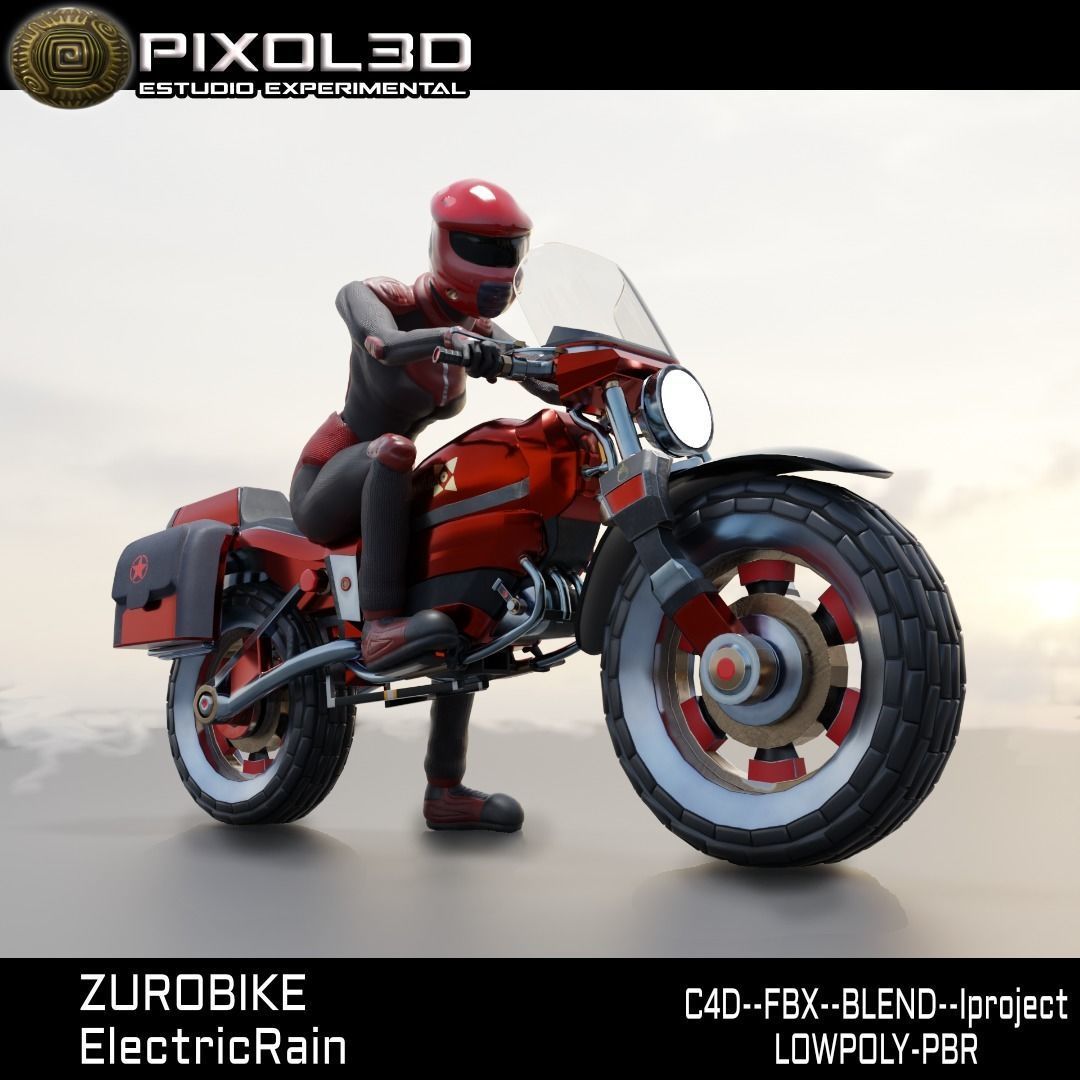 Zurobike retro electric motorcycle and Pilot Low-poly 3D model_3