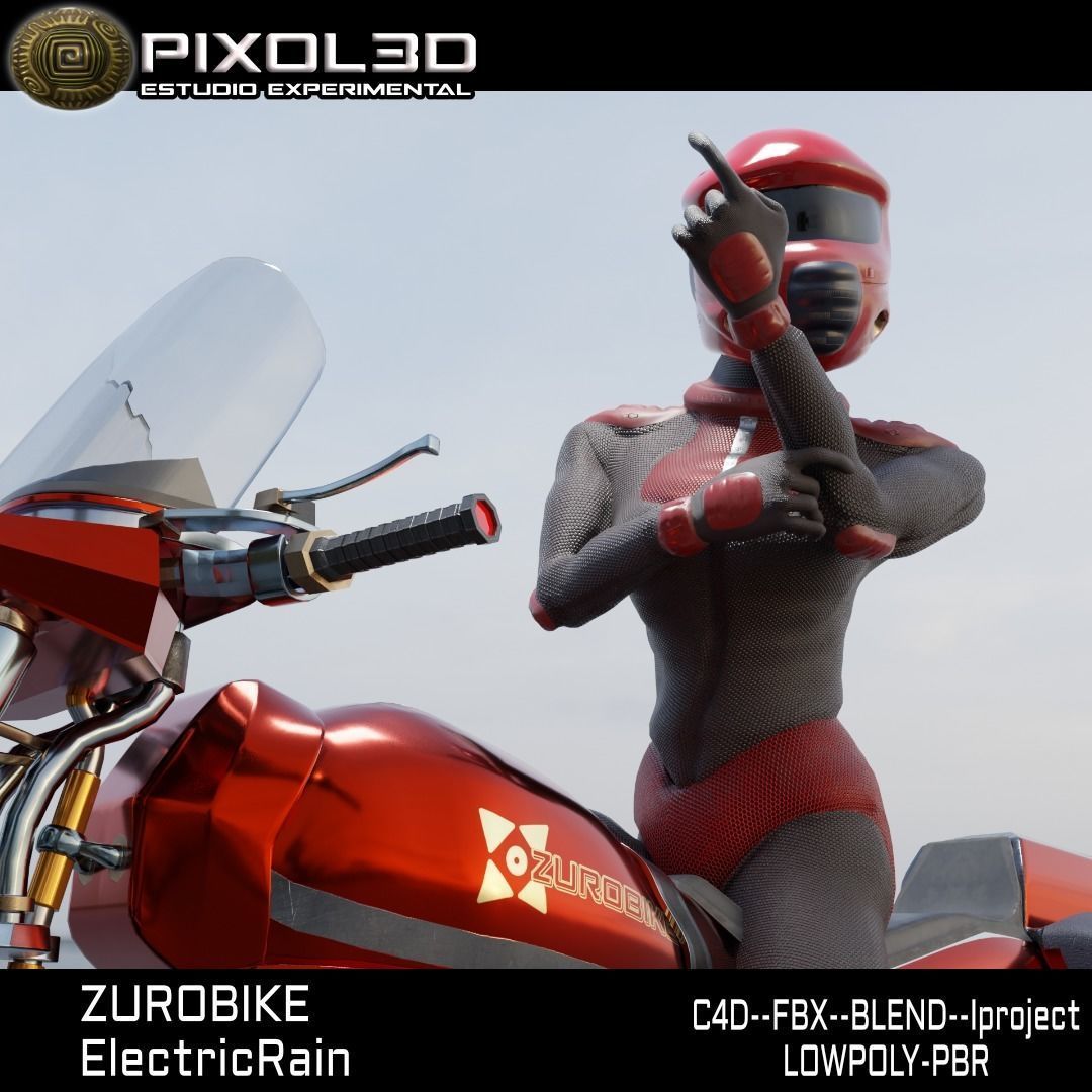 Zurobike retro electric motorcycle and Pilot Low-poly 3D model_5