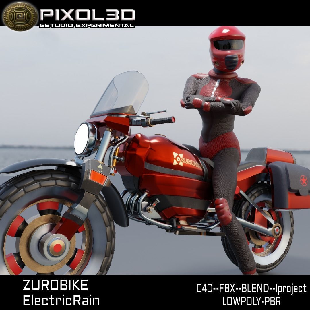 Zurobike retro electric motorcycle and Pilot Low-poly 3D model_2