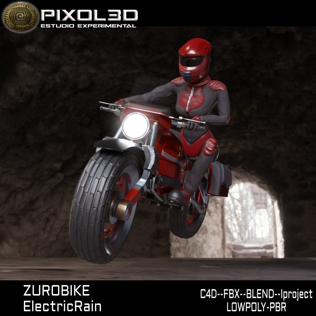 Zurobike retro electric motorcycle and Pilot Low-poly 3D model_13