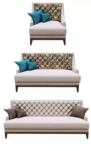 Sofa set with tufted cushions and wooden legs