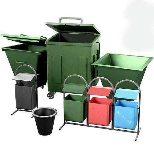 Dumpster set two trash cans on wheels Low-poly 3D model