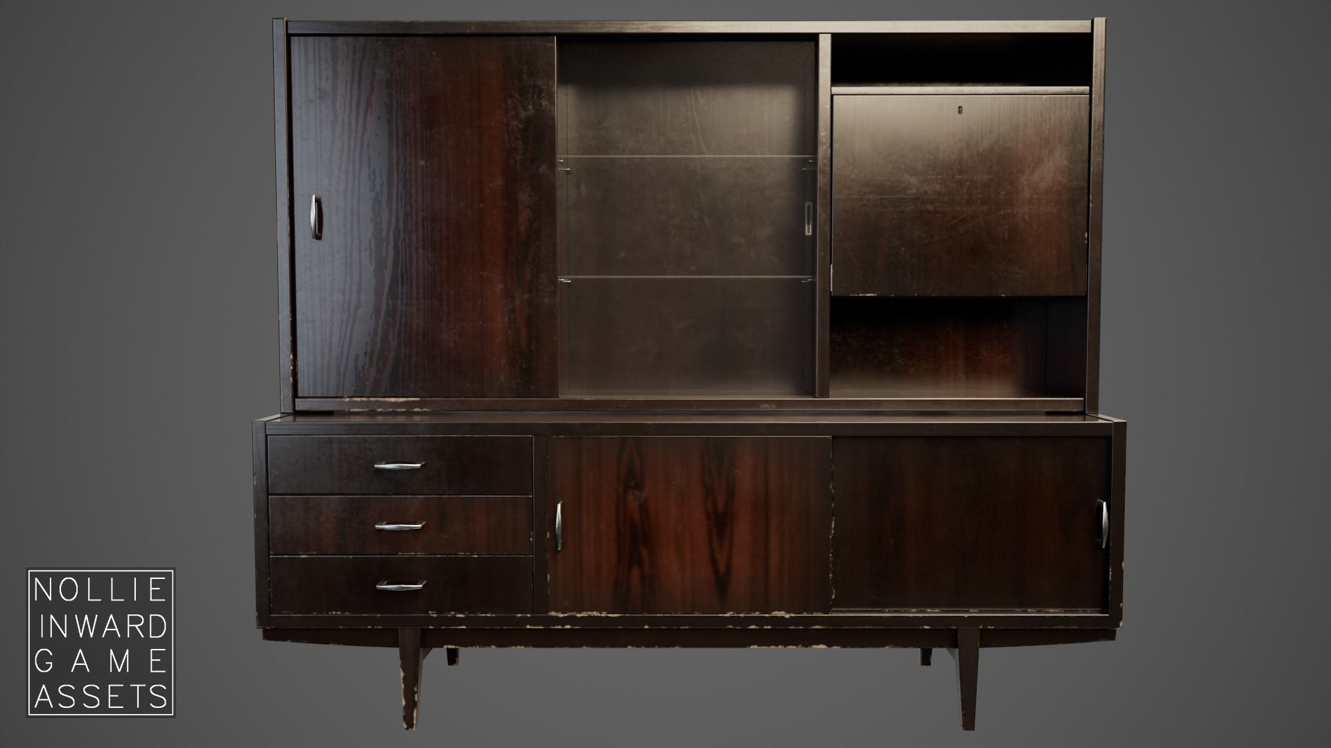 Soviet Chest of Drawers variant 3 with Upper Section Dark Low-poly 3D model_4