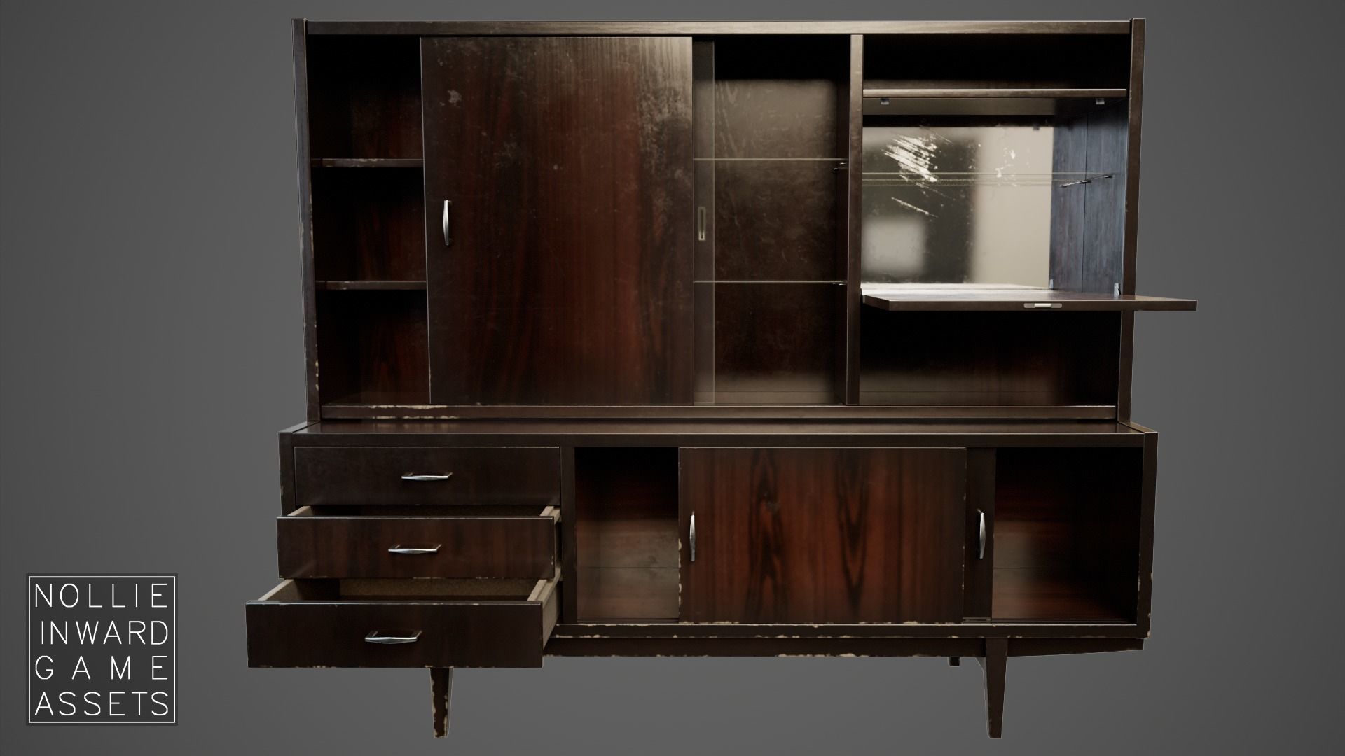 Soviet Chest of Drawers variant 3 with Upper Section Dark Low-poly 3D model_9