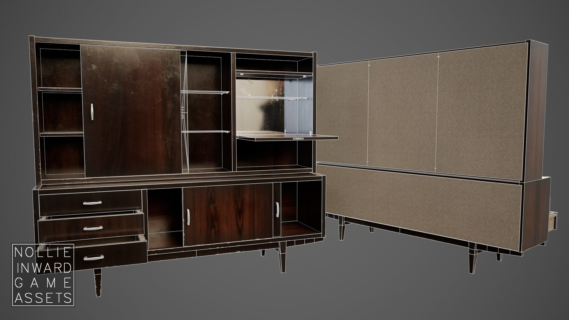 Soviet Chest of Drawers variant 3 with Upper Section Dark Low-poly 3D model_15