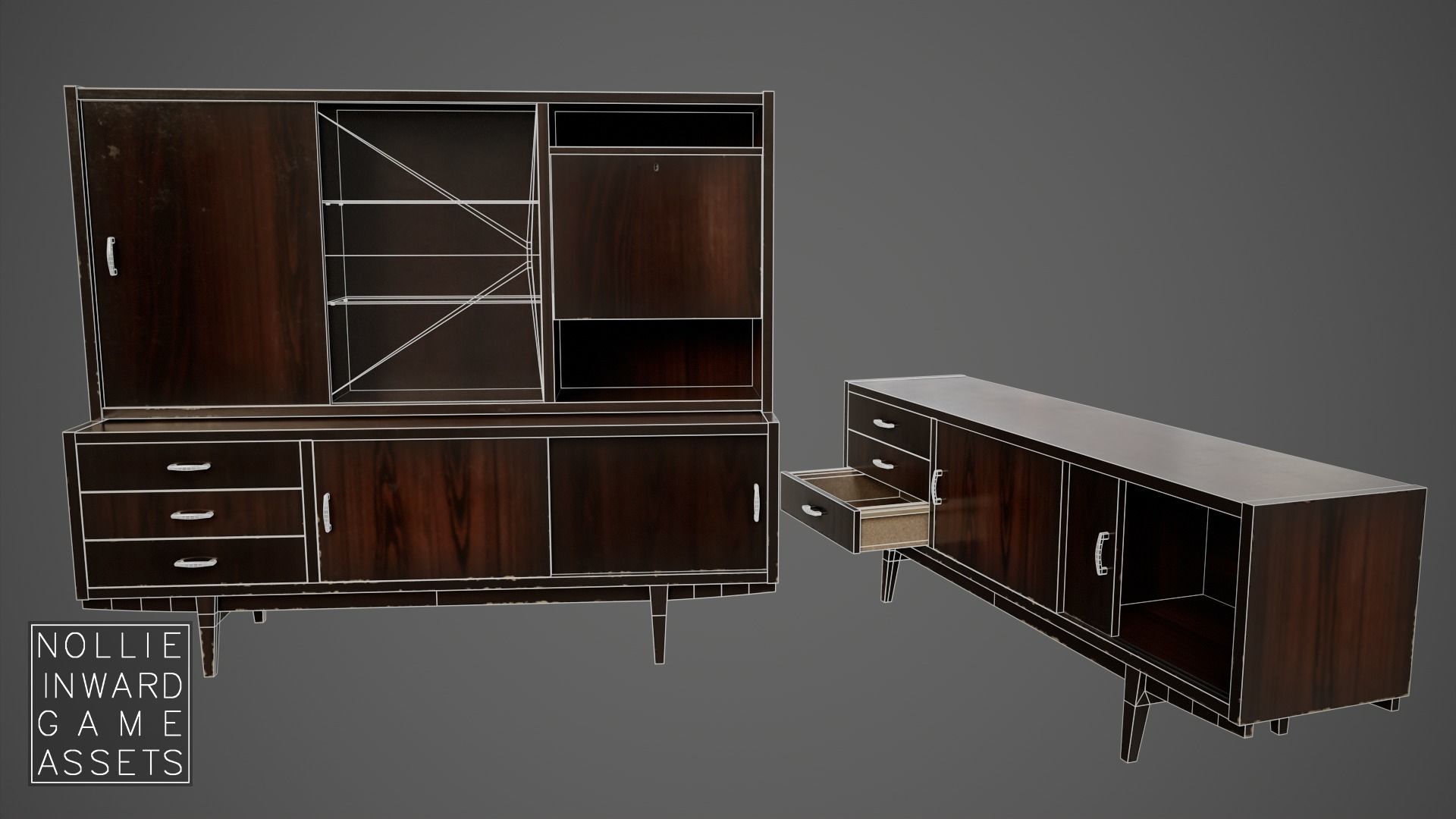 Soviet Chest of Drawers variant 3 with Upper Section Dark Low-poly 3D model_16