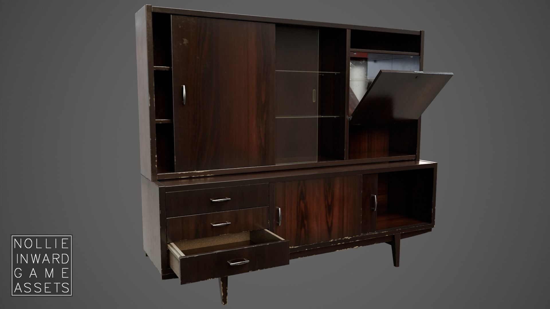 Soviet Chest of Drawers variant 3 with Upper Section Dark Low-poly 3D model_2