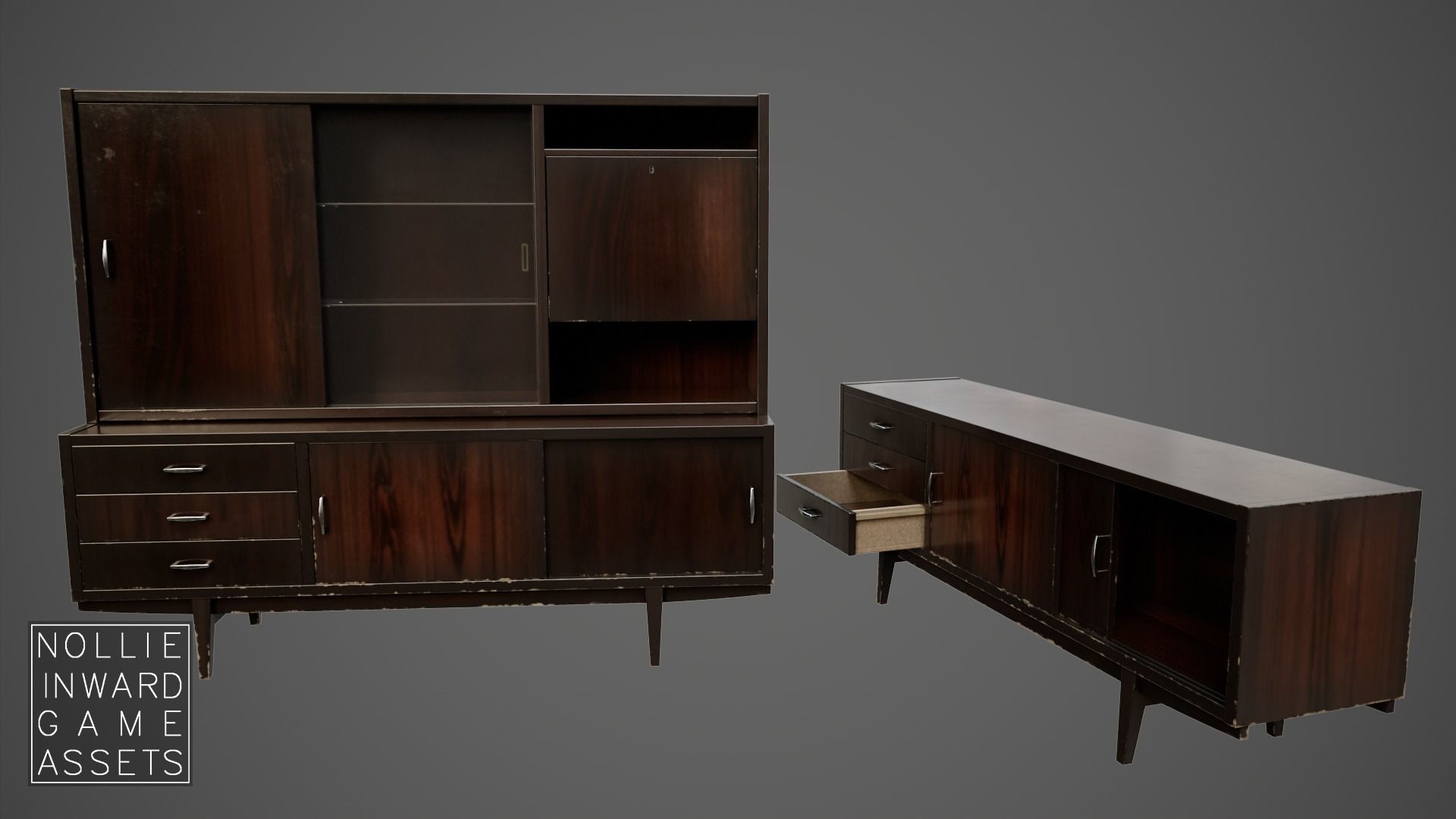 Soviet Chest of Drawers variant 3 with Upper Section Dark Low-poly 3D model_14