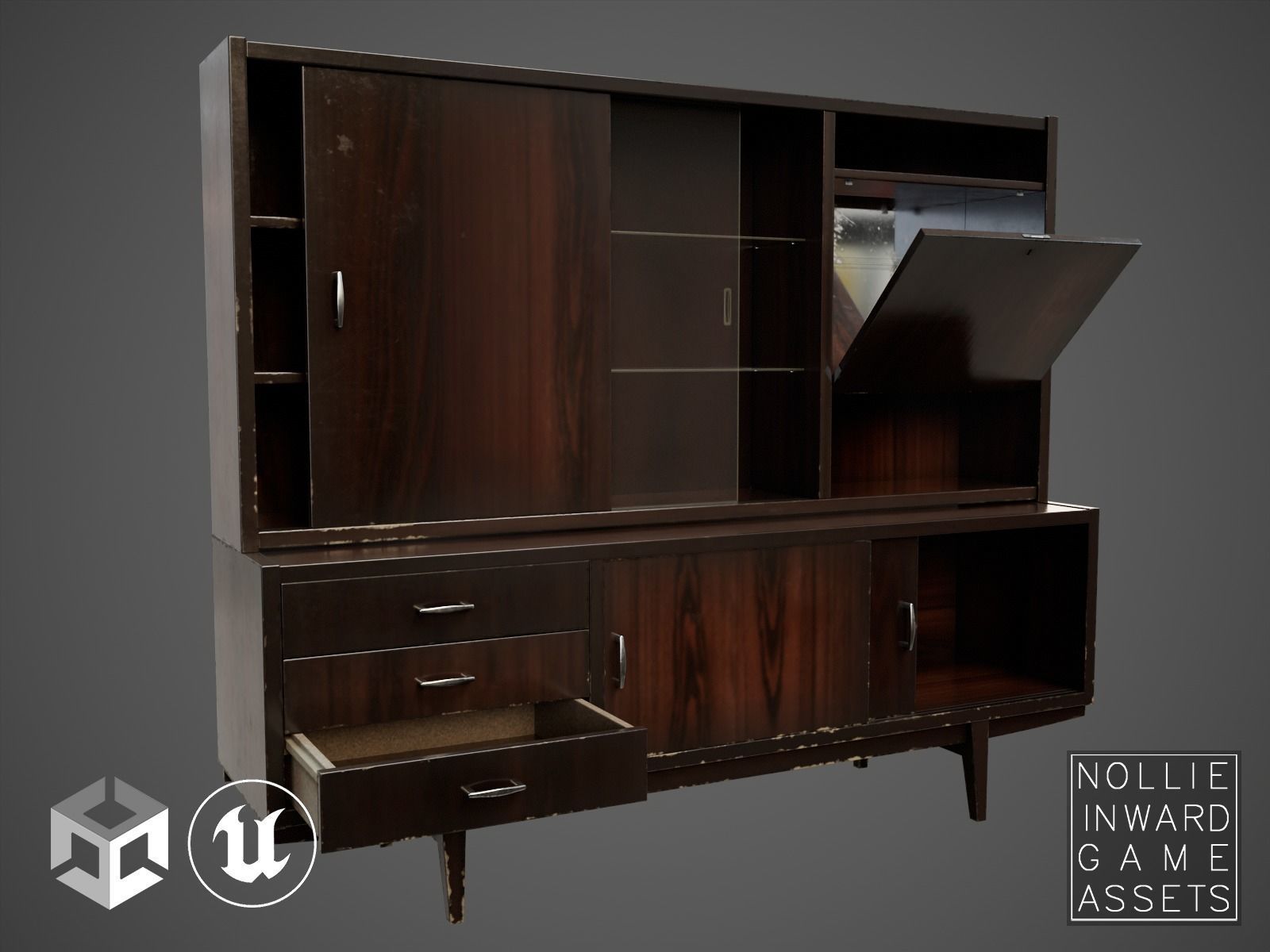Soviet Chest of Drawers variant 3 with Upper Section Dark Low-poly 3D model_1