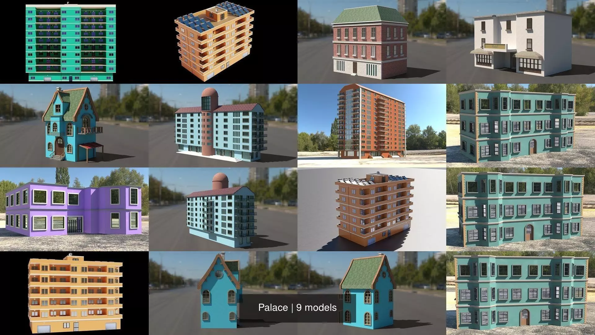 Palace building with solar panels 3D Model Collection_0