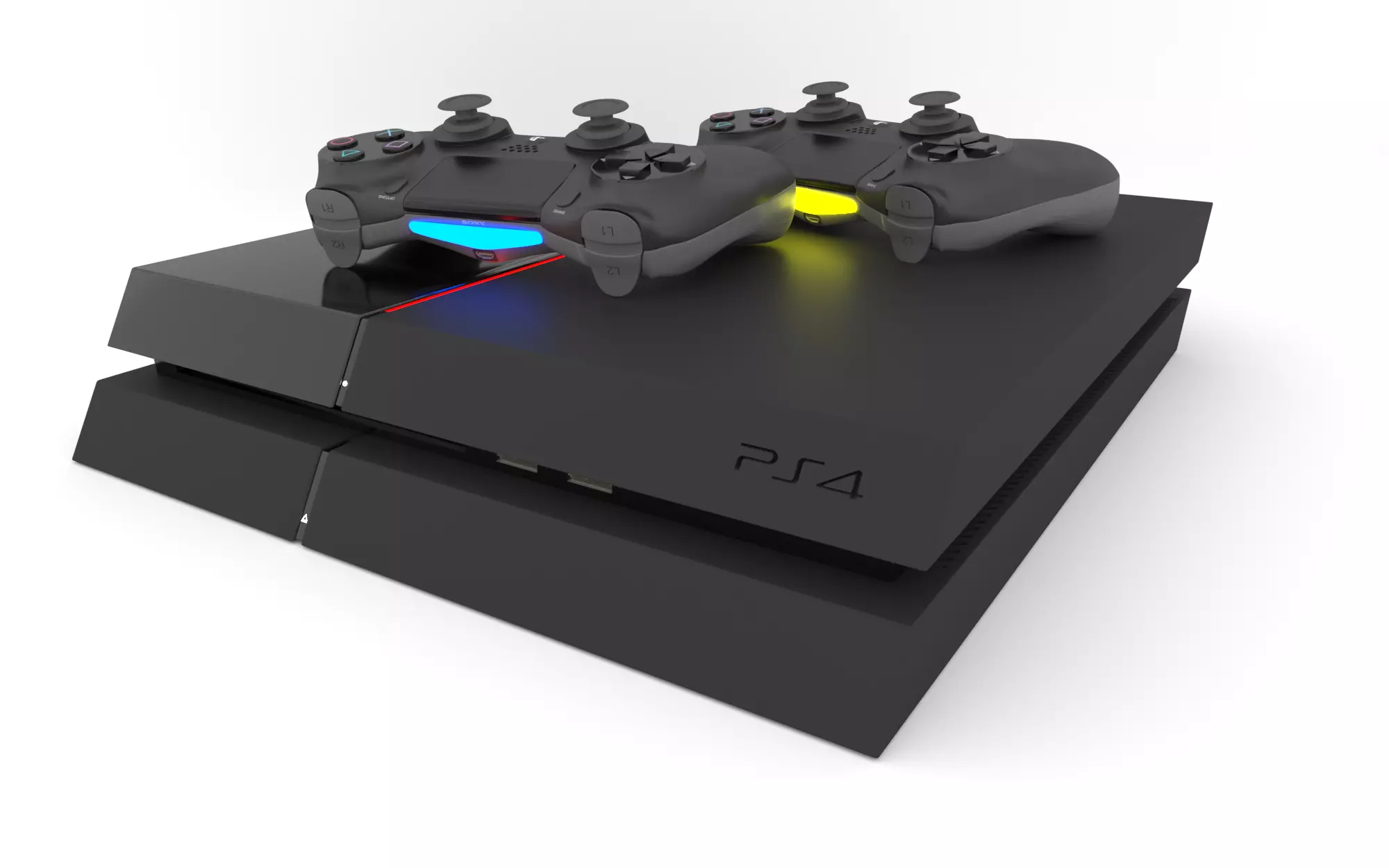 Playstation 4 console with three controllers 3D model_0