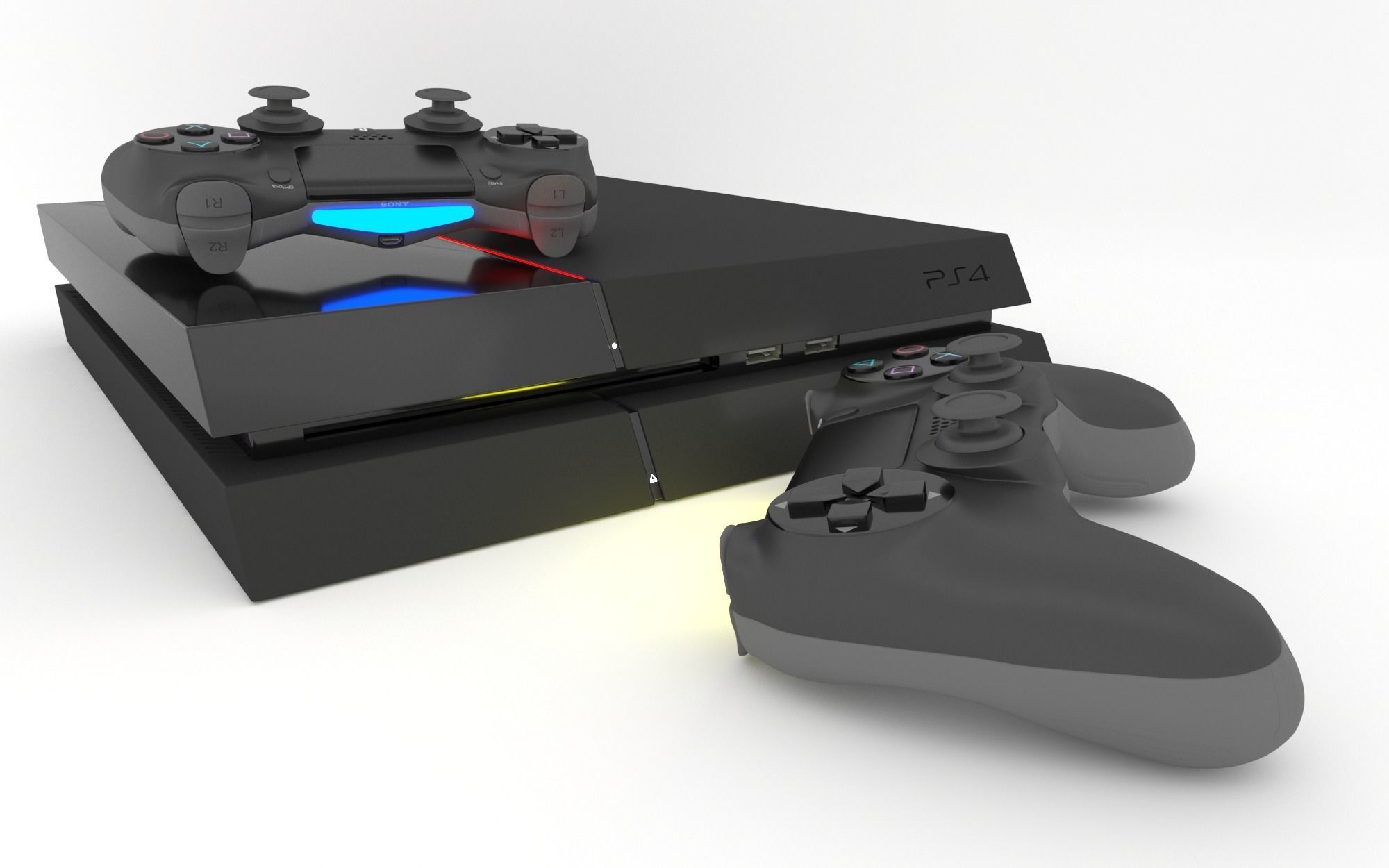 Playstation 4 console with three controllers 3D model_1