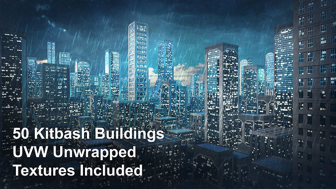 50 City Buildings Scifi Kitbash Set Low-poly 3D model