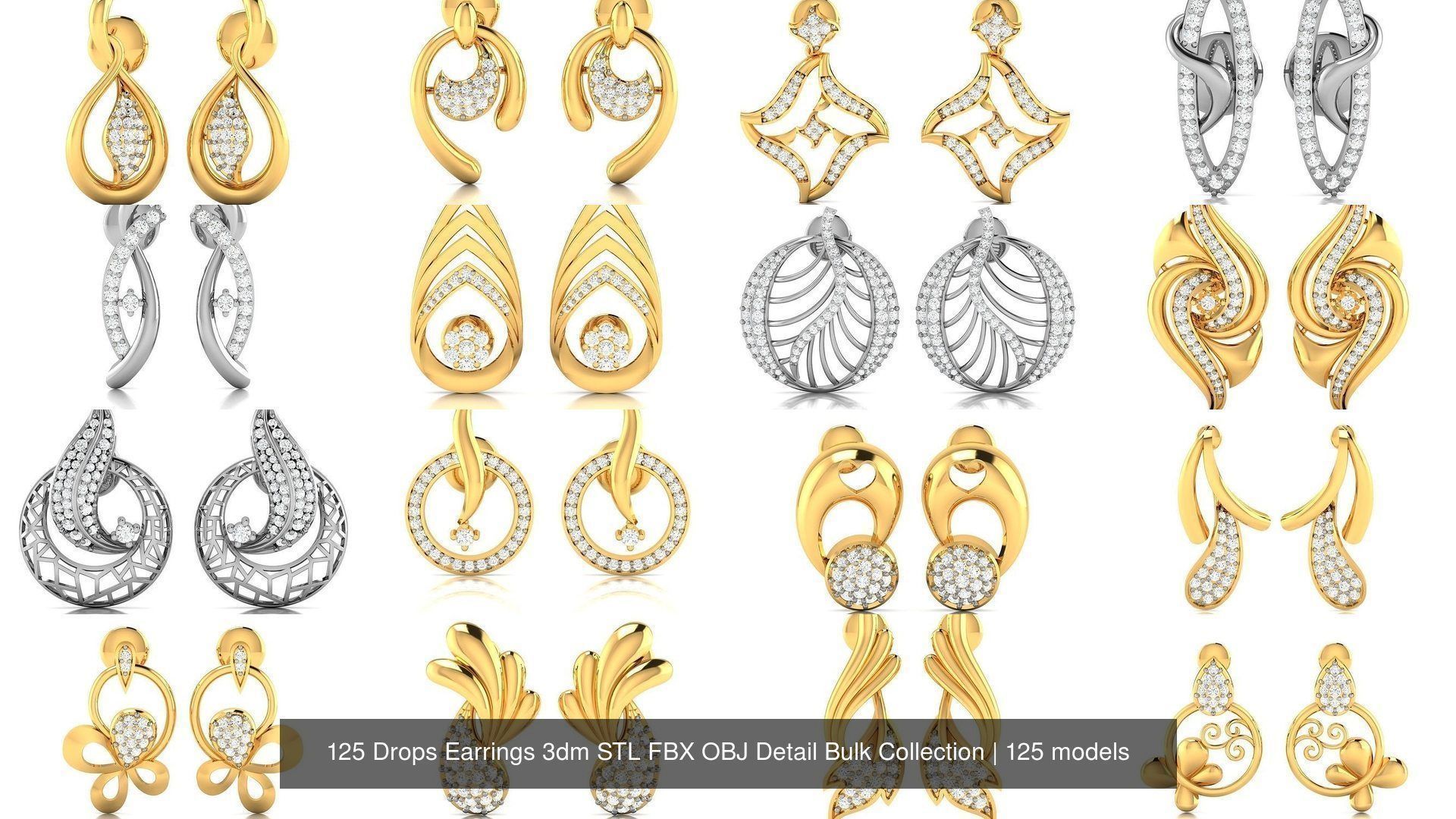 125 Drops Earrings 3dm STL FBX OBJ Detail Bulk Collection _3