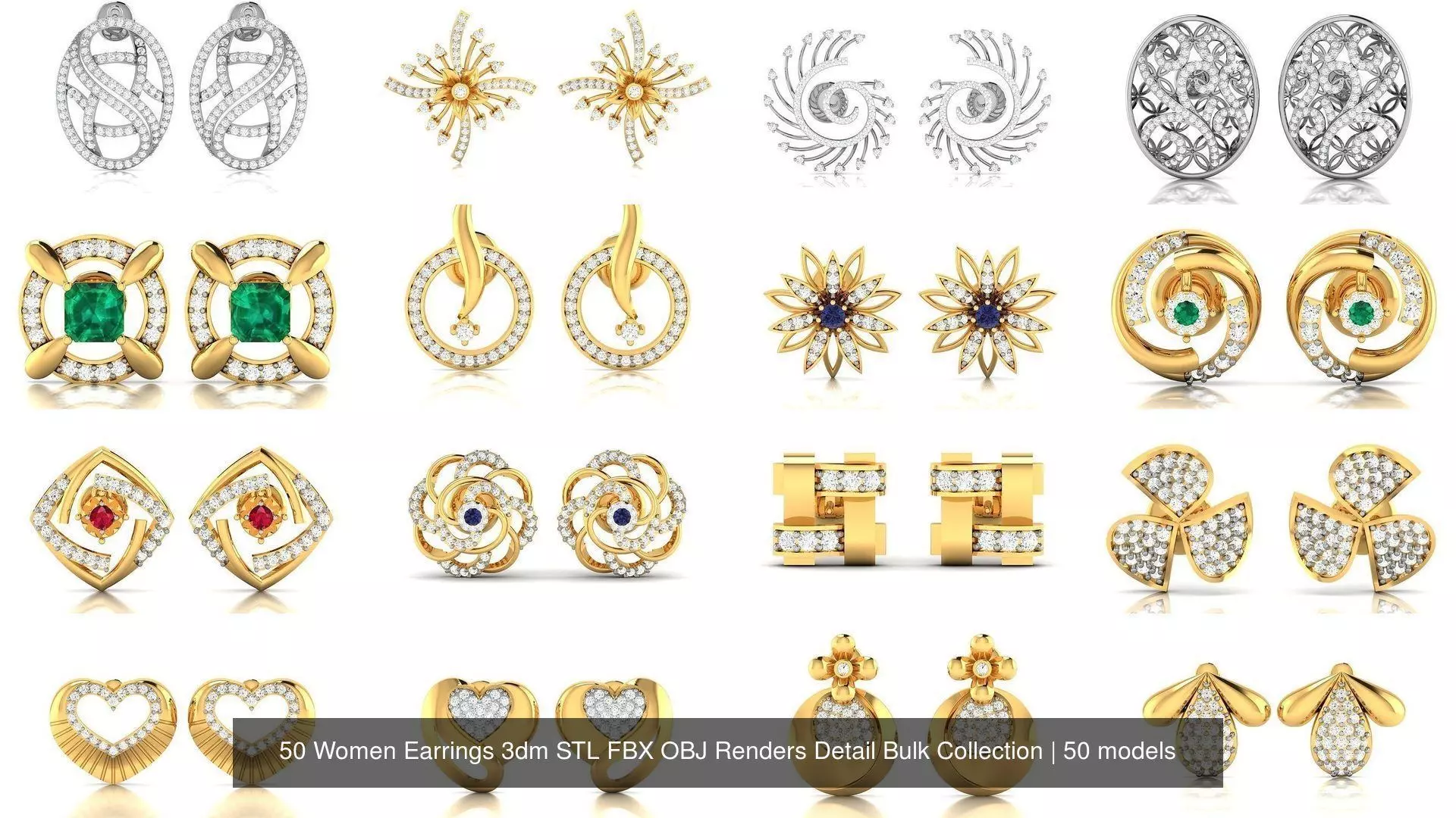 50 Women Earrings 3dm STL FBX OBJ Renders Detail Bulk Collection 3D Model Pack