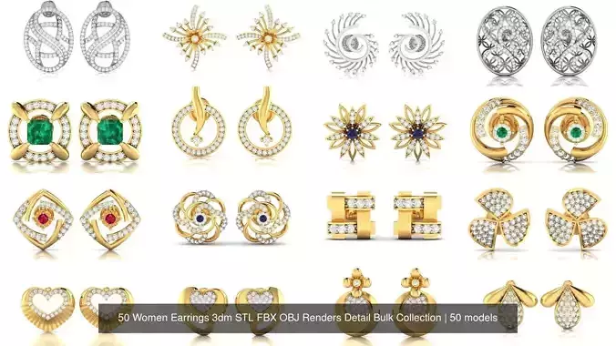 50 Women Earrings 3dm STL FBX OBJ Renders Detail Bulk Collection 