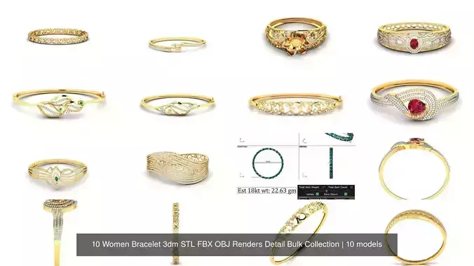 10 Women Bracelet 3dm STL FBX OBJ Renders Detail Bulk Collection 