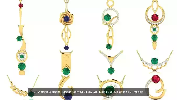 21 Women Diamond Pendant 3dm STL FBX OBJ Detail Bulk Collection 