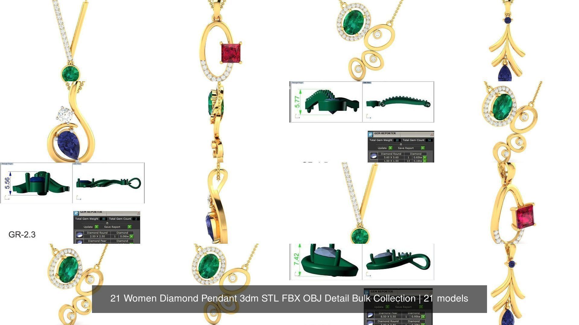 21 Women Diamond Pendant 3dm STL FBX OBJ Detail Bulk Collection _3