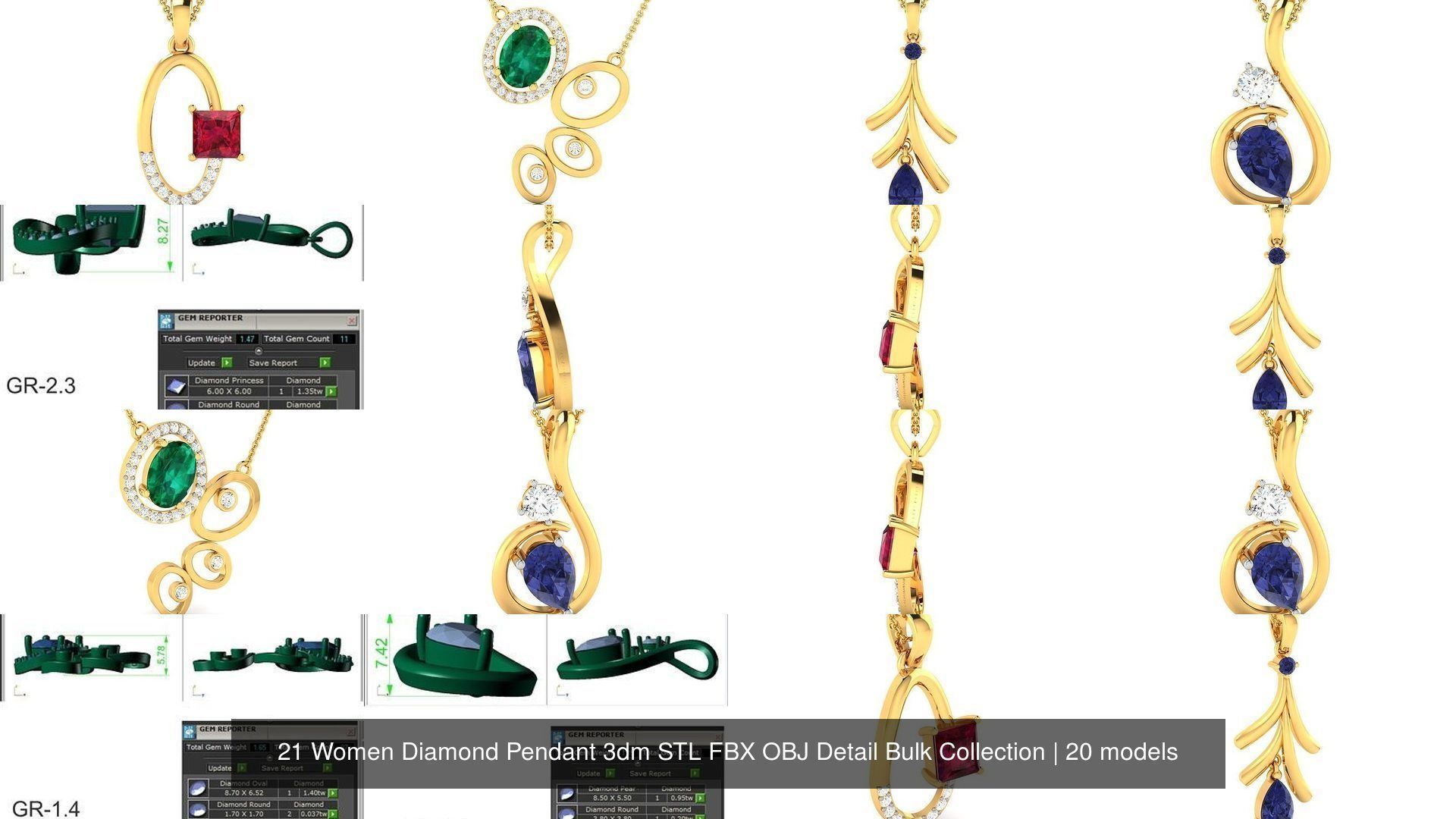 21 Women Diamond Pendant 3dm STL FBX OBJ Detail Bulk Collection _5