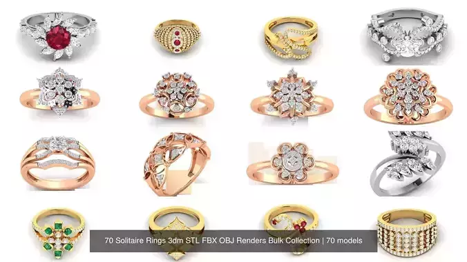 70 Solitaire Rings 3dm STL FBX OBJ Renders Bulk Collection 