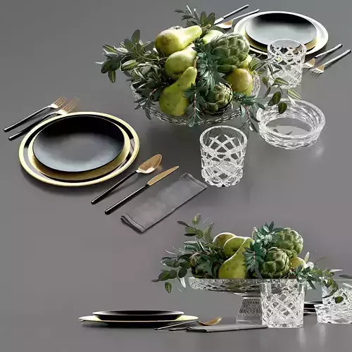 Table setting with Fruits and artichoke in crystal vase