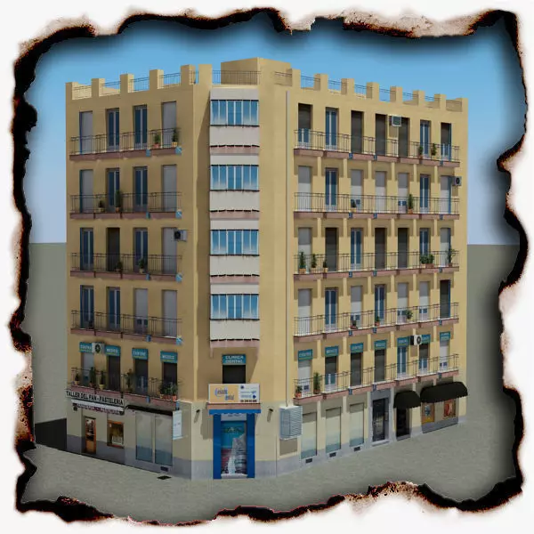 Building with balconies and windows Low-poly 3D model_0