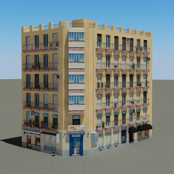 Building with balconies and windows Low-poly 3D model_1