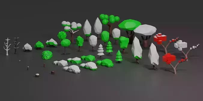 Low poly three - bush - stump game-ready model 