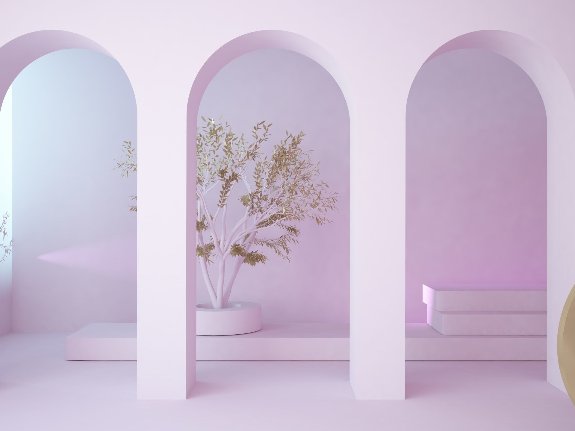 Abstract scene with arch wall ended with inside garden trees 3D model_4