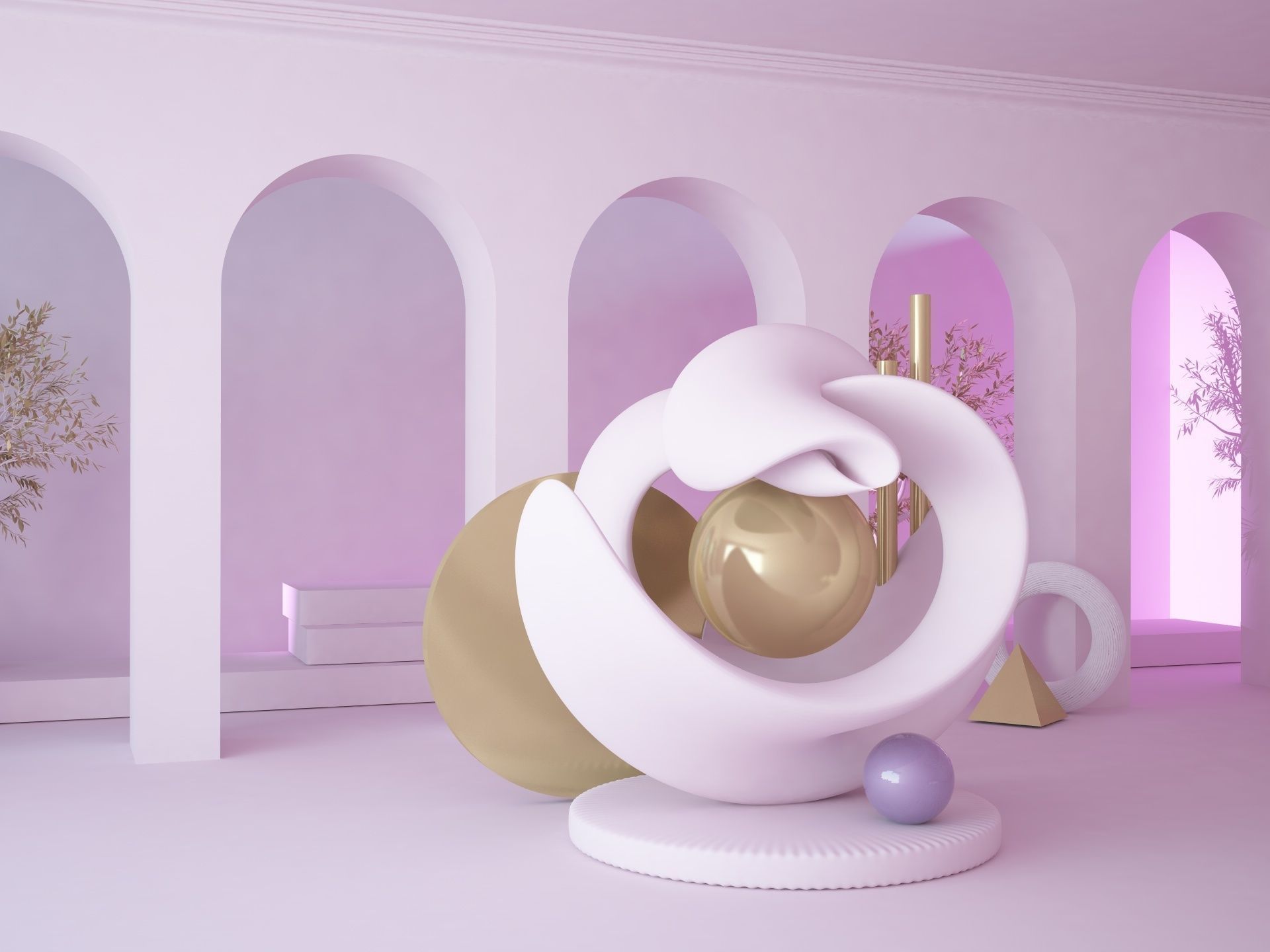 Abstract scene with arch wall ended with inside garden trees 3D model_3