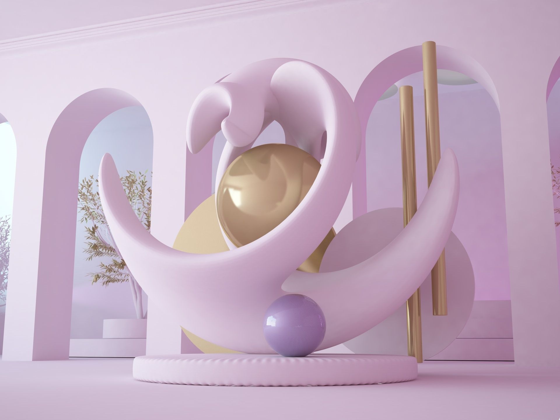 Abstract scene with arch wall ended with inside garden trees 3D model_2